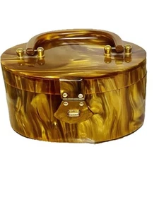 1950s Vintage Lucite Bag Marbleized Golden/amber Color Bag With Gold Accents - Picture 1 of 13