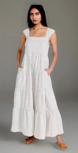 Madewell Womens Striped Tiered Maxi Dress 2X Hemp/Cotton Blend Gray & Ivory - Picture 1 of 10