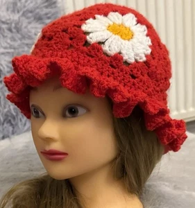 Women's Handmade Crochet Beanie Ruffle Daisy Granny Square Hat - Picture 1 of 8