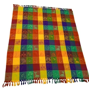 Vtg Mexican Serapa Table Cloth Blanket Colorful Sealife Theme Tassels 64x57 - Picture 1 of 8