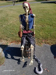 Halloween Animated Life Size Animatronic   PIRATE SKELETON ON BARREL RARE  - Picture 1 of 6