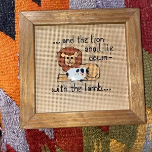 Lion And Lamb Crossstich Art, wall hanging, nursery art, ADORABLE  - Picture 1 of 5
