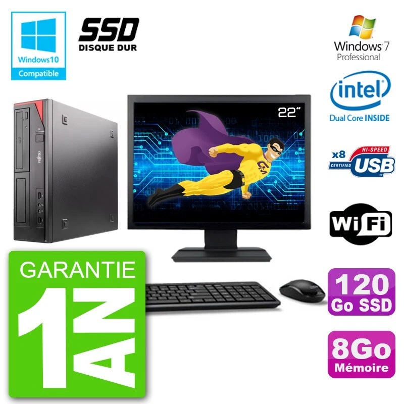 PC Fujitsu Esprimo E520 Schermo 22 " G3220 RAM 8Go SSD 120Go Unità DVD Wifi W7 - Immagine 1 di 1