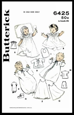 BUTTERICK 6425 Layette Christening Pattern Infant Baby Dress Cap Bonnet DOLL - Image 1 of 4