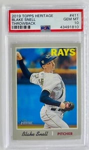 2019 Topps Heritage BLAKE SNELL - PSA 10 Throwback Variation SSP #411 Rays Pop 4 - Foto 1 di 2