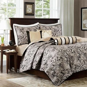 NEW! ~ COZY MODERN ELEGANT CHIC BLACK GOLD TAUPE SILVER GREY SCROLL QUILT SET - Picture 1 of 3