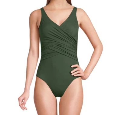 New Lands' End Petite Slender Suit Wrap One Piece Swimsuit Size 4P Olive Green - Image 1 of 4