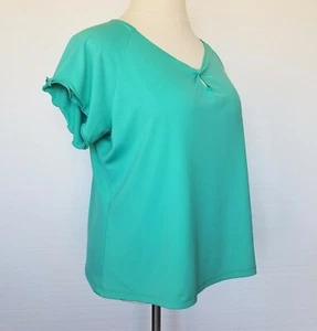 Susan Graver Top Blouse NEW Turquoise Double Flutter Sleeve Keyhole V-Neck Sz 1X - Picture 1 of 11
