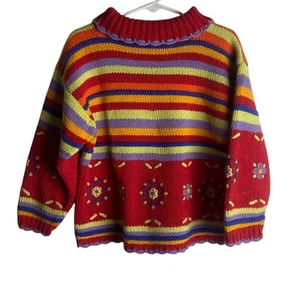 Hanna Andersson Girls 100 Colorful Chunky Knit Sweater Stripes Cotton 4T Flowers - Picture 1 of 5