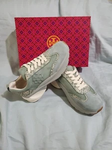 NIB Tory Burch T MONOGRAM GOOD LUCK TRAINER Sneakers Shoes Blue Celadon Size 8 - Picture 1 of 8