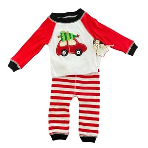 Mud Pie Holiday Christmas Tree Car Striped 2 Piece Lounge Outfit Size 0-6 Months - Picture 1 of 7