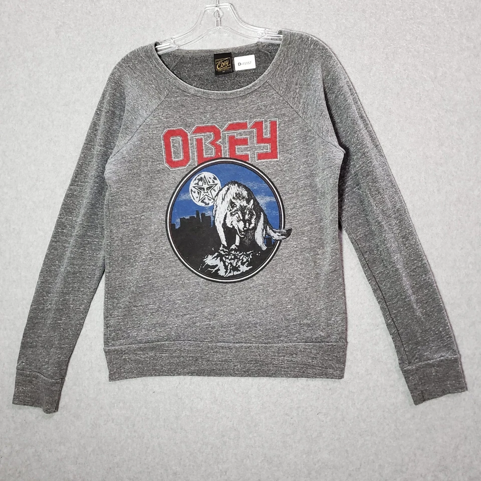 VINTAGE Obey Women Sweatshirt XS Gray City Wolf Graphic Long Sleeve - Image 1 of 4