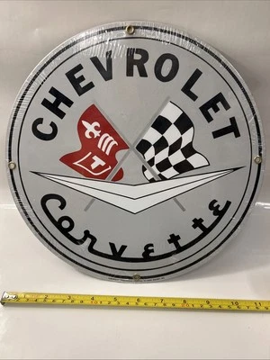 Chevrolet Corvette Round Metal/porcelain Silver Sign 11” Diameter - Image 1 of 3