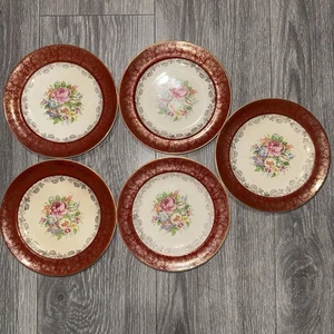 5er Set Salem China 23K Gold Antik Weinrot Band Floral Mitte Dessertteller 7" - Bild 1 von 12