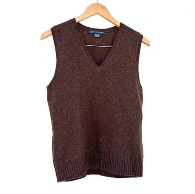 De Colección Años 90 Ralph Lauren Lana Angora Cuello en V Suéter Chaleco Marrón Talla L Preppy Academia Foto 1 de 4
