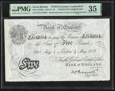WWII Operation Bernhard Counterfeit £5 Pounds 4 May 1938 PMG Choice VF 35 - Image 1 of 2
