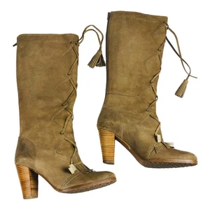 3671 Women's Suede Heeled Moccasin Boots Knee High Lace Zip EU 37 US 7 - Picture 1 of 14