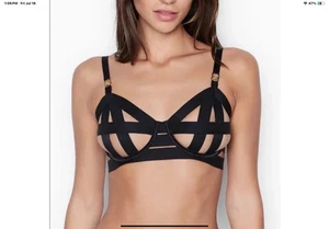 Neu ohne Etikett Victoria's Secret BH 32C ungefüttert Balconett Käfig Träger gebändert schwarz - Bild 1 von 5