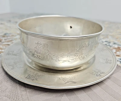 Gorham Sterling Silver Children's Bowl & Plate Set 1930 Dutch Fishing Sailing - Imagem 1 de 4