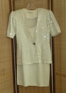 ST JOHN Marie Gray Evening Ivory+Metal Silver Knit w/Paillettes Dress & Jacket 4 - Picture 1 of 23