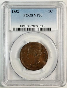 1852 P Braided Hair Cent PCGS VF-30 BN Brown - Picture 1 of 2