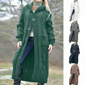 Womens Coat Long Knitted Cardigan Chunky Hooded Open Front Sweater Winter Warm - Picture 1 of 17