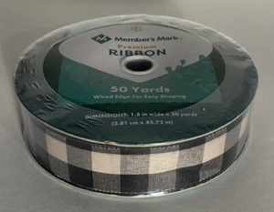 50 YARDS BLACK & BEIGE PLAID CHECKERED WIRE EDGE RIBBON 1 1/2" Wide - Picture 1 of 4