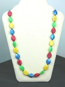 Long, colorful, large plastic beaded necklace with wooden bead spacers - Picture 1 of 9
