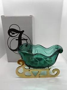 Fenton Green Glass Sleigh Candy Dish with Brass Runner Base and Box - Picture 1 of 7