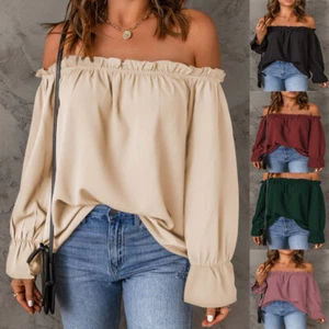 UK Ladies Off Shoulder Shirts Summer Loose Long Sleeve Tops Blouse Tee Size 6-20 - Picture 1 of 24