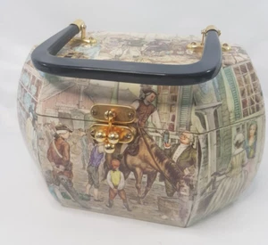 VTG Handcrafted Wooden Box Purse Decoupage Handbag Boston Street Octagon America - Picture 1 of 16