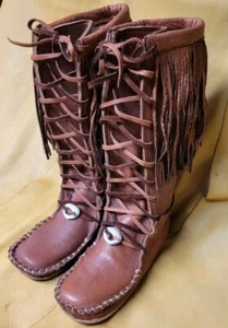 Buffalo Men's Knee High Moccasins Size 13 Brown Indian Pawnee Style Handmade - Picture 1 of 5