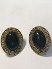 Vintage Post Earrings Faux Onyx Large Oval Classic Gold Tone