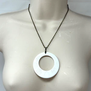 Bronze Tone Chain Necklace with Large White Wood Disc Donut Pendant Engraved 18" - Picture 1 of 5