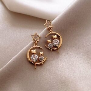 Gold Pearl Crystal Tassel Earrings Stud Moon Long Dangle Women Wedding Gift
