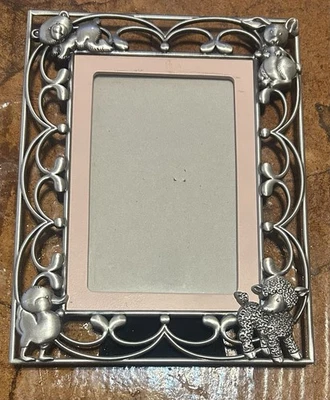 Baby Girl Photo Frame Pewter Colored Metal Pink Lamb Duck Bunny Bear Glass 4x6 - Image 1 of 4