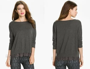 NWT JOIE Hilano Fall Scalloped Lace Pullover Sweater top dark heather grey M - Picture 1 of 5