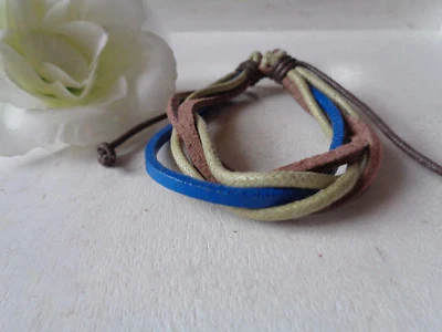 Echtes Leder-Wachsband- Armband    blau/braun/hellgrün - Bild 1 von 2