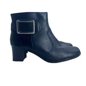 Vtg Thom McAn Black Leather Ankle Booties Boot Women Size 5W Side Zip Block Heel - Picture 1 of 7