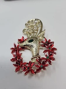 Vintage signierte Tancer II Rentier Weihnachtsstern Kranz Weihnachten Brosche Anstecknadel - Bild 1 von 8