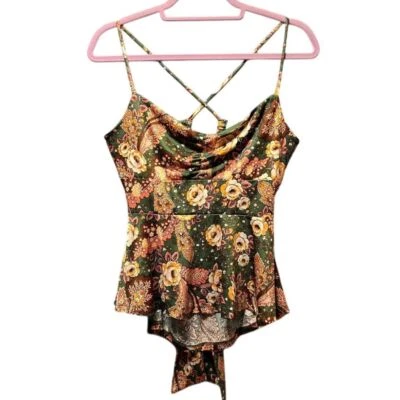 Top Cami Floral Blanco Lirio Cruzado Espalda Corbata Peplum Verde Naranja L Foto 1 de 4