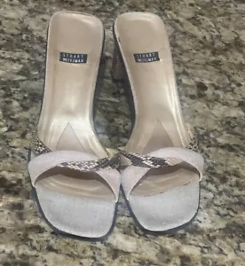 Stuart Weizman Square-Toe Snake-Print Leather Crossover Slide Block Heel Sandals - Picture 1 of 6