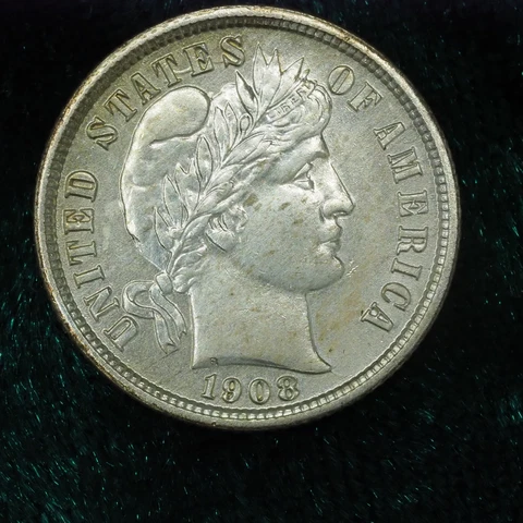 1908 Barber Dime BU - Uncirculated 10C Silver, Key Date Collectible Coin Cover