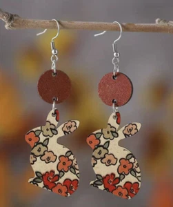 Wooden Floral Easter Bunny Dangle Earrings - Picture 1 of 6
