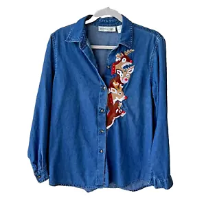 Victoria Jones - Women’s Blue Denim Shirt Christmas Reindeer Embroidered S - Picture 1 of 10