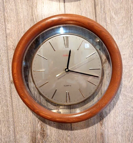 Vintage Sunbeam  Wood Frame Round Quartz  Wall Clock 12 " Dia Cover