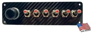 12V Switch Panel Real Carbon Fiber Plate, Push Start, 6 RED LED Toggle Switches - Imagen 1 de 5
