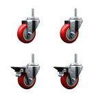 3.5 Inch Red Poly Wheel Swivel 3/4 Inch Threaded Stem Caster Set 2 Brakes