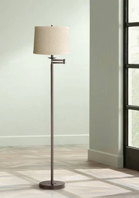Modern Swing Arm Floor Lamp Bronze Natural Linen Shade for Living Room Reading - Image 1 of 3