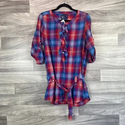 American Eagle Outfitters Blouse Women's Size 14 Blue Red Plaid Belted Ruffled - Image 1 of 4
